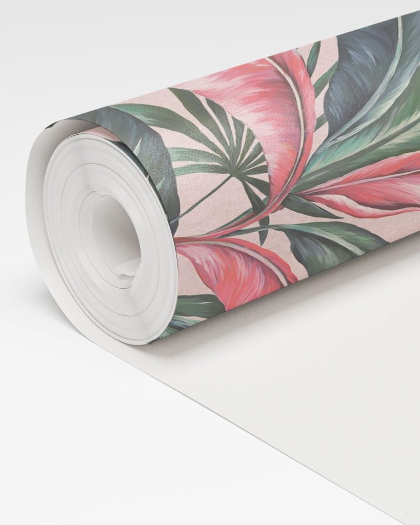 Rolo de Papel de Parede Tropical com filhagem Rosa - Vinílico